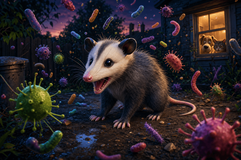 A cartoon 3D opossum standing in a dimly lit backyard at dusk, surrounded by exaggerated, colorful germs and bacteria floating in the air, with a distant silhouette of a house and a curious cat and dog peeking safely from a window, all rendered in bold, vibrant colors with dramatic shadows, creating a slightly eerie but whimsical mood; no characters, text, or humans in the image.