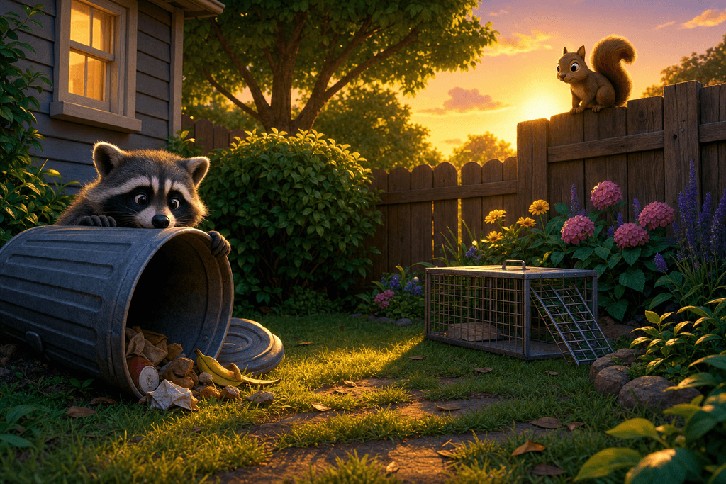 A cartoon and 3D style image of a small suburban backyard at dusk, with a lively yet peaceful atmosphere. In the foreground, a clever raccoon peeks over a tipped-over trash can, while a curious squirrel perches on a wooden fence. In the background, a sturdy animal control trap sits gently in the grass near a blooming flower bed. Soft, golden sunset light highlights vibrant green bushes and casts long, playful shadows. No characters, text, or humans in the image.