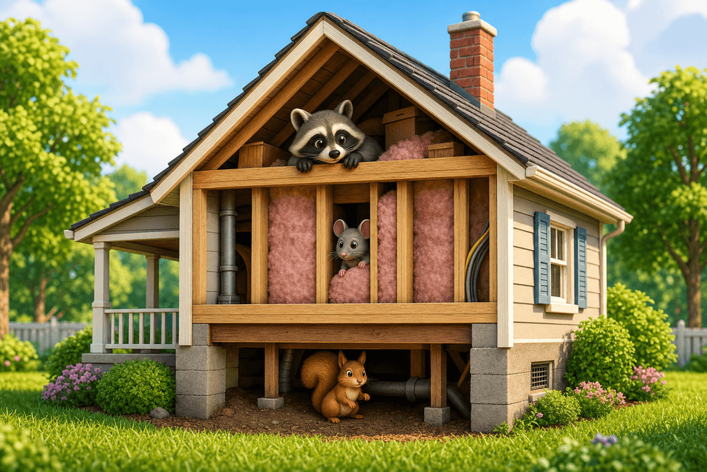 A cartoon and 3D image of a cozy house cut open dollhouse-style to reveal different sections: attic, walls, and crawl space. Each section shows a cute raccoon peeking from the attic, a curious mouse inside the wall, and a vigilant squirrel in the crawl space. The scene is bright, colorful, and playful, with soft lighting and gentle shadows to create a friendly, inviting atmosphere. The outside of the house is surrounded by lush, green grass, giving a peaceful suburban vibe. No characters, text, or humans are in the image.