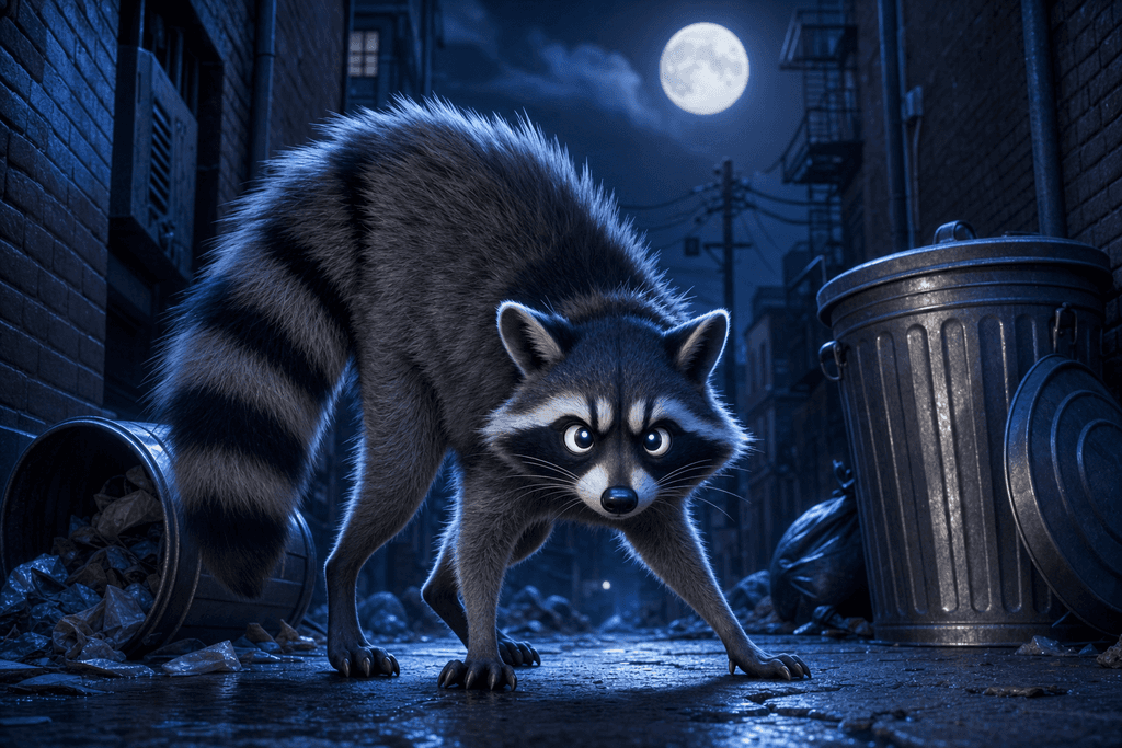 A cartoon and 3D style image of a single raccoon in a moonlit urban alley, standing alert with its tail puffed and back arched, trash cans toppled over beside it, with glowing eyes reflecting in the darkness. The scene should feel tense and mysterious, with cool blue and silver tones, emphasizing the raccoon's cautious and defensive posture. No characters, text, or humans in the image.