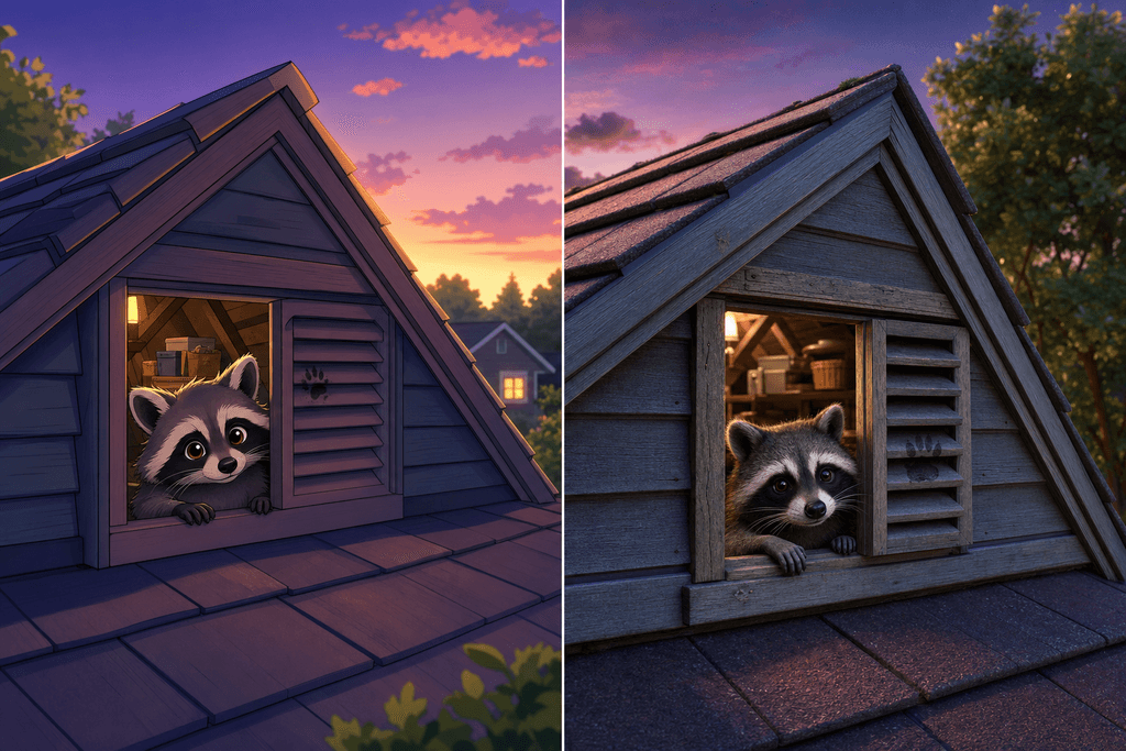 A cartoon and 3D image of a curious raccoon peeking out of a cozy suburban attic vent at twilight, with soft purple and orange sunset lighting casting warm glows on the roof shingles and lush green trees in the background. The attic appears tidy and appealing, with slight evidence of raccoon presence such as a small paw print on the window. The mood is calm and inviting, no characters, text, or humans in the image.