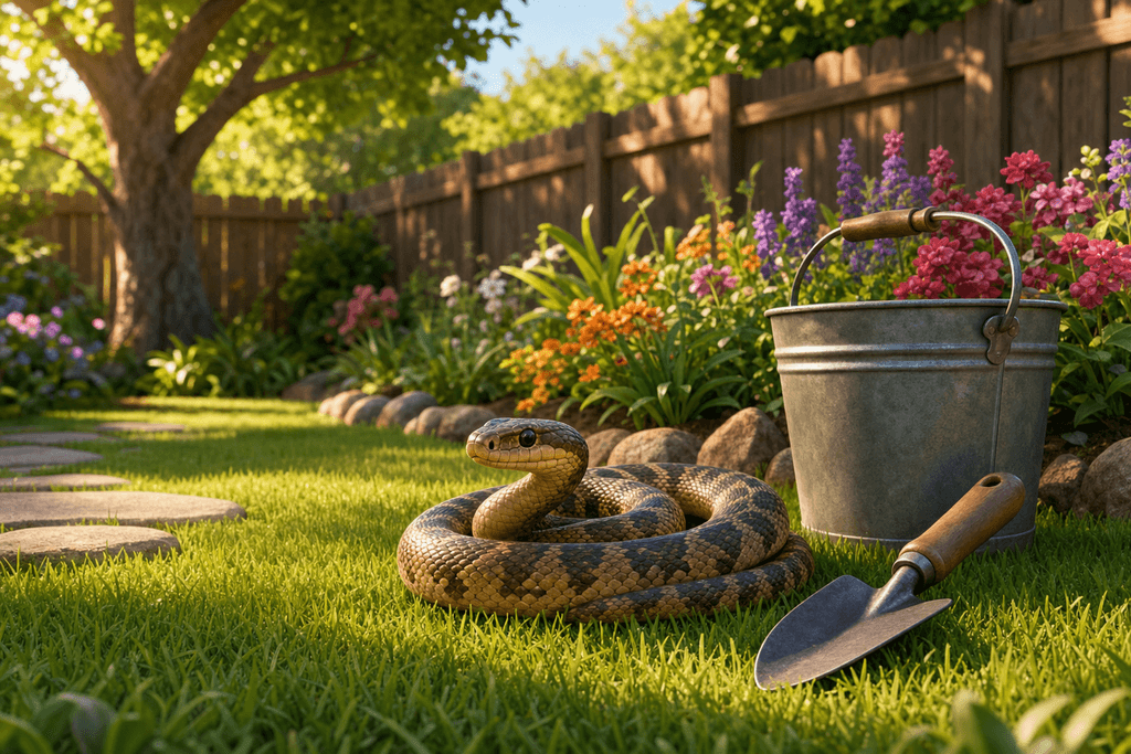 A cartoon 3D illustration of a calm, sunlit backyard with soft green grass and colorful flowerbeds, a realistic but friendly-looking snake peacefully coiled near a neatly placed garden tool beside a small, sturdy bucket; the scene feels safe and orderly, with gentle sunlight casting warm, inviting shadows, and a subtle atmosphere of tranquility and safety. No characters, text, or humans in the image.