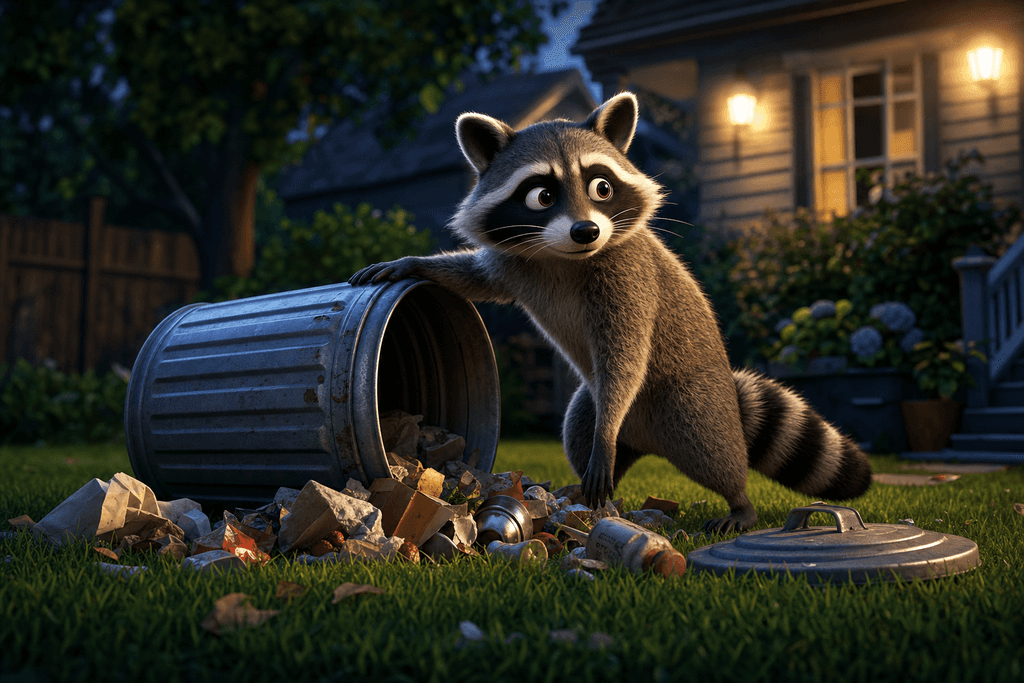 A cartoon and 3D style image of a curious raccoon with its paw on a tipped-over trash can, looking alert, surrounded by scattered garbage in a suburban backyard at dusk, soft glowing porch lights in the background, lush green grass, and tall shadows creating a slightly mysterious but inviting atmosphere, no characters, text, or humans in the image.