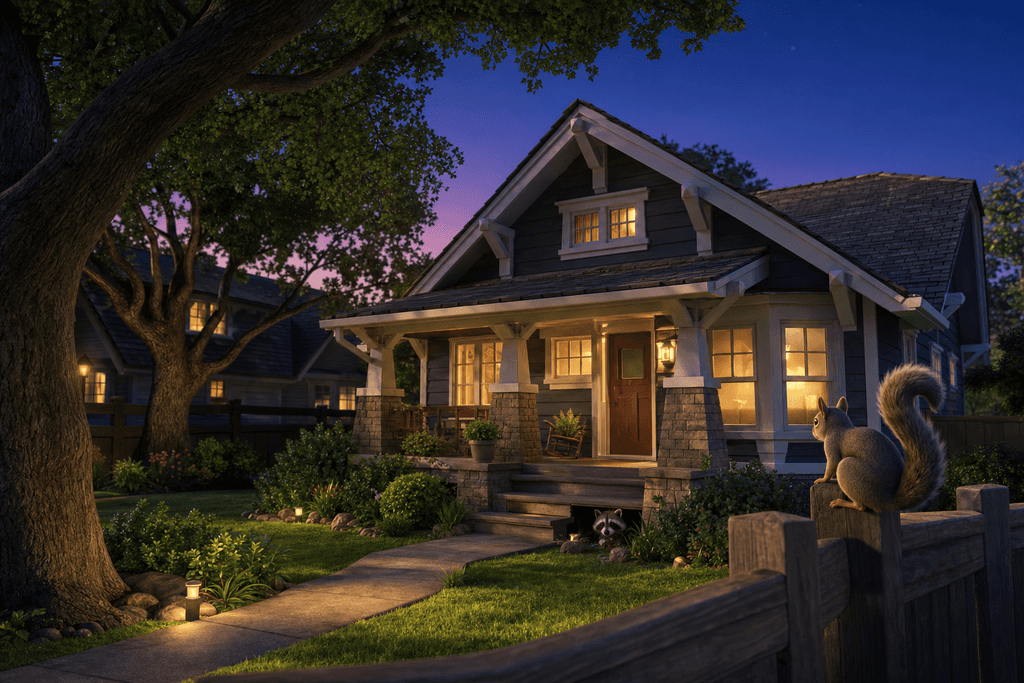 A cartoon 3D scene of a cozy suburban Fort Worth house at dusk, warm light glowing from the windows, while a raccoon peeks out from under the porch and a curious squirrel perches on a nearby fence. The lush green yard has tall oak trees, and the sky is a calming gradient from deep blue to purple. The overall mood is slightly mysterious yet reassuring, with soft shadows and gentle lighting. No characters, text, or humans in the image.
