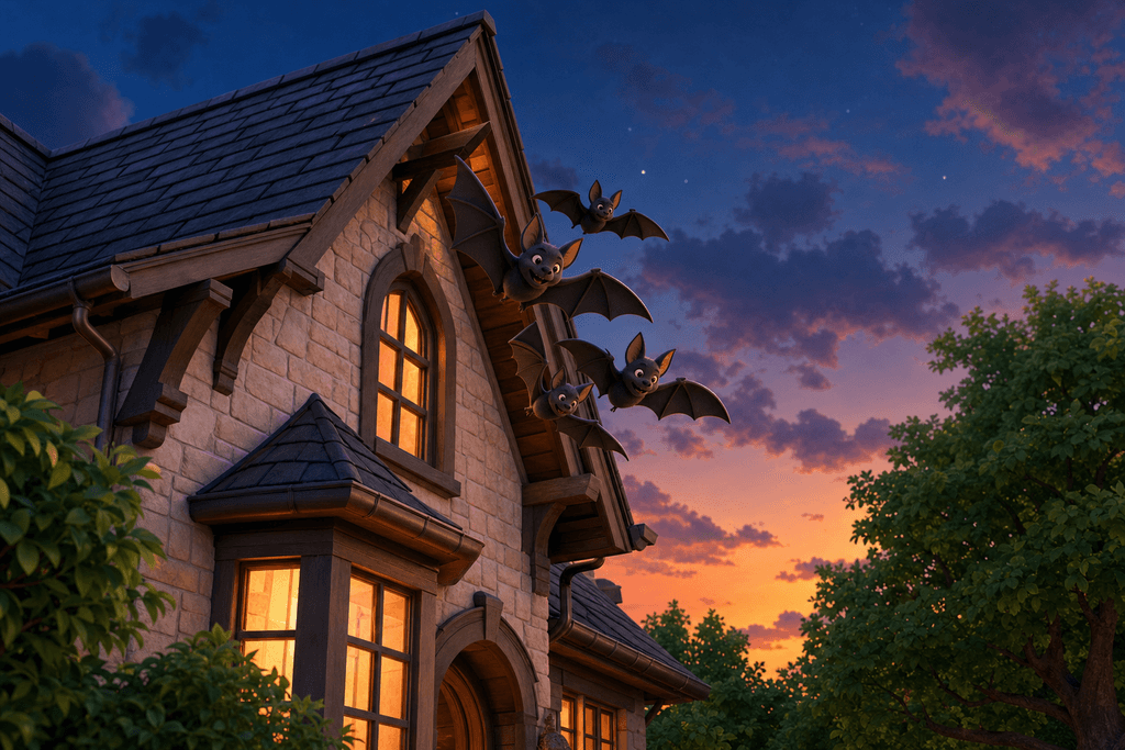 A cartoon-style, 3D image showing the exterior of a charming Denton, Texas home at dusk, with warm light glowing from the windows. The focus is on the roofline, where a small group of cute, stylized bats fly out from under the eaves against a deep blue and orange twilight sky. The home is surrounded by green trees, and the mood is mysterious yet friendly. No characters, text, or humans are in the image.