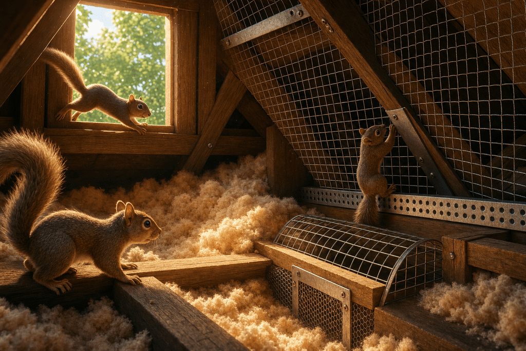 A cartoon 3D attic scene, warmly lit by golden sunlight filtering through a small window, shows determined, realistic squirrels in motion as they try to sneak past cleverly placed barriers and mesh. The attic is filled with fluffy insulation and old wooden beams, and outside the window, lush green trees are visible. The atmosphere is playful yet vigilant, emphasizing both the persistence of the squirrels and the effective defenses stopping their entry. No characters, text, or humans are in the image.