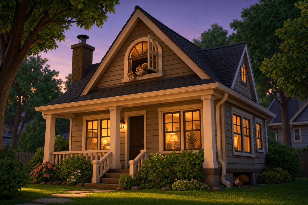 A cartoon-style 3D image of a cozy suburban house at dusk with soft, warm lighting, showing a peaked roof and a large attic window slightly ajar. Playful, animated squirrels peeking out from the attic and another in the shadows near a crawl space under the house. The scene is surrounded by lush green trees and bushes, giving a tranquil yet slightly mischievous atmosphere. No characters, text, or humans in the image.