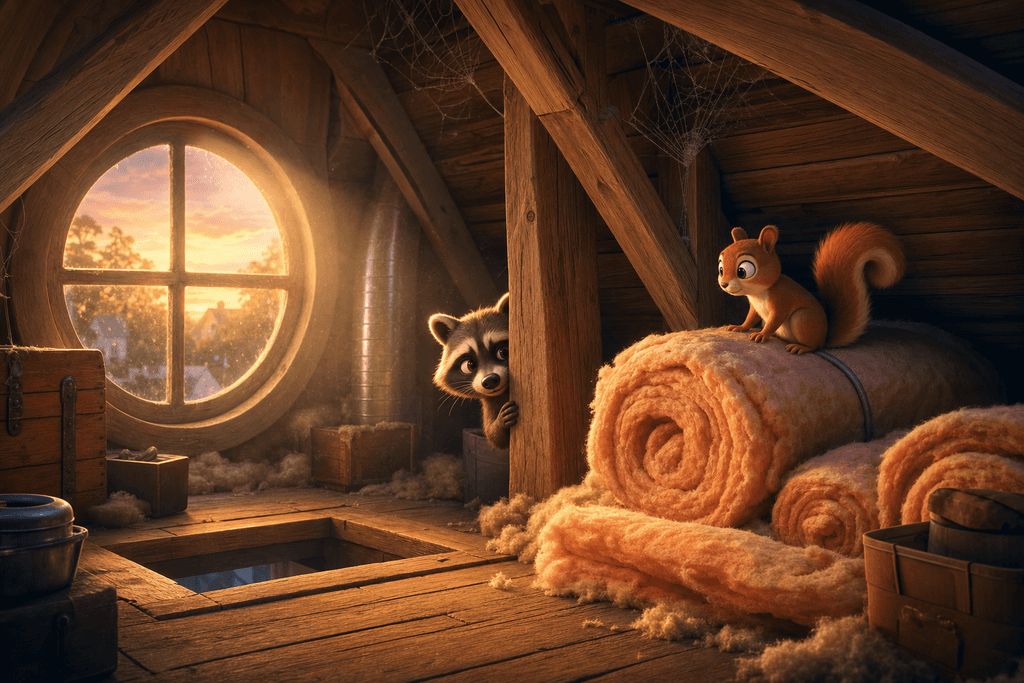 A charming cartoon and 3D scene of the corner of a suburban attic at dusk, with soft golden light streaming through a dusty window, revealing a mischievous raccoon peeking out from behind wooden beams while a curious squirrel sits atop rolled insulation; gentle shadows and subtle cobwebs convey a mysterious yet inviting atmosphere—no characters, text, or humans present.