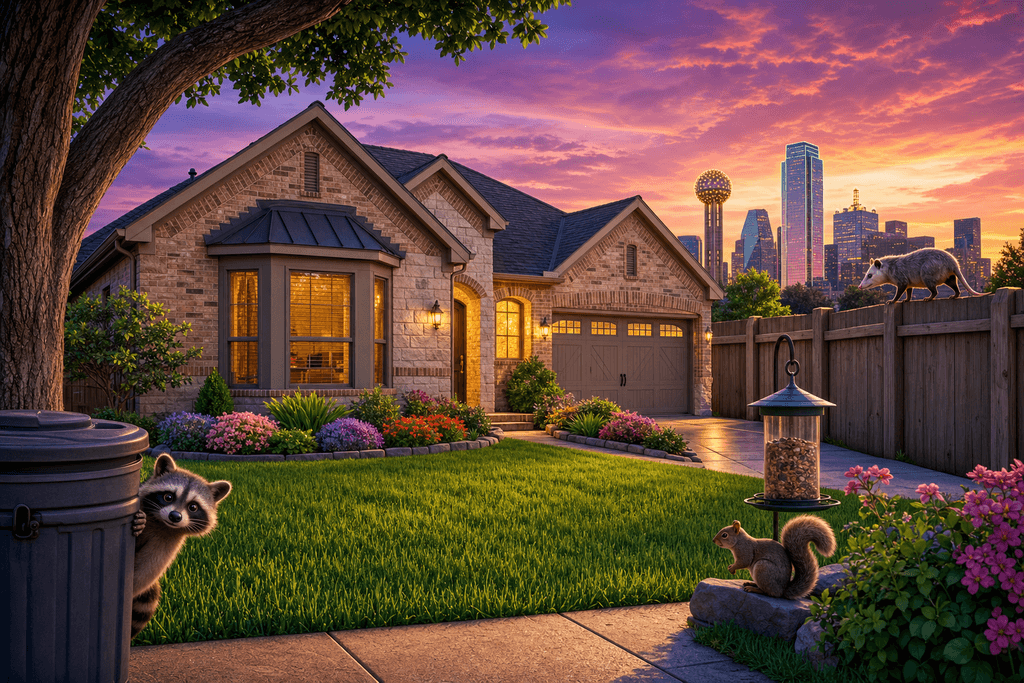 A vibrant, cartoon and 3D-style suburban Dallas home at dusk, with a peaceful, inviting atmosphere. A raccoon peeks from behind a trash can, a squirrel sits near a bird feeder, and an opossum strolls along a wooden fence. Lush green lawn, tidy flowerbeds, and dramatic purple-orange sunset sky. No characters, text, or humans are in the image.