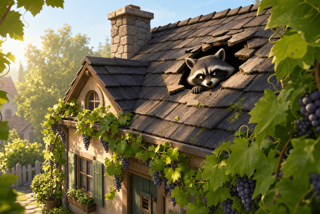 A cartoon 3D scene of a mischievous raccoon peeking out from a hole in the roof of a charming suburban house surrounded by grapevines, with soft morning sunlight casting gentle shadows, emphasizing a playful yet mysterious atmosphere—no humans, characters, or text in the image.