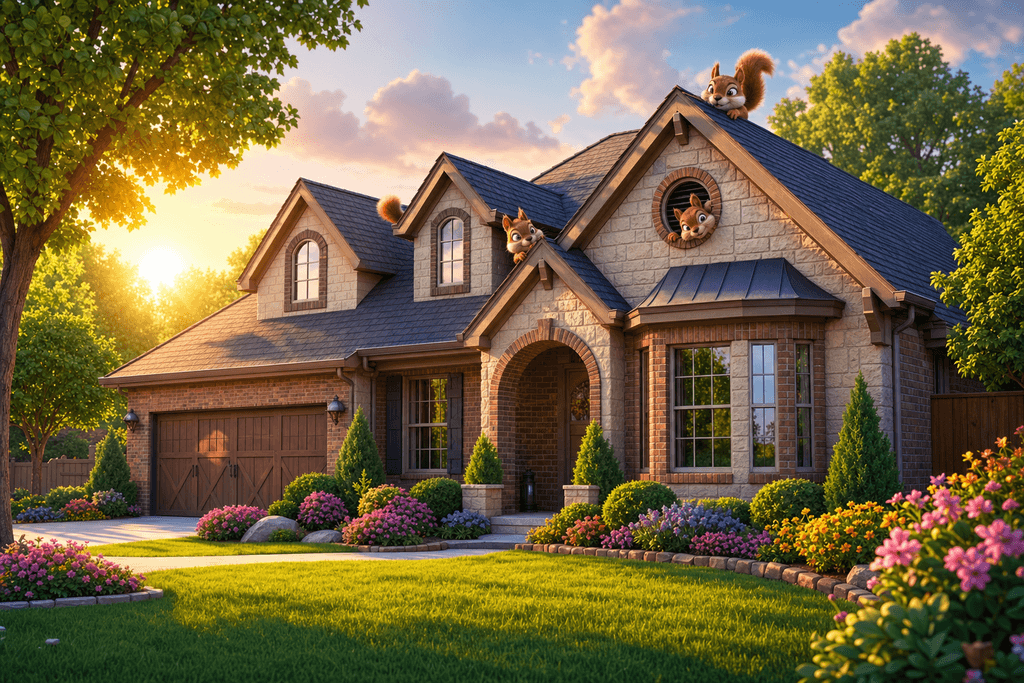 A cartoon 3D image of a cozy suburban house in Flower Mound with a bright, well-kept lawn at sunrise, highlighting its roofline and attic windows. Playful, mischievous-looking squirrels are peeking out from the edges of the roof and near vent openings. Surround the house with lush green trees and blooming flowers, add soft morning light casting gentle shadows, creating a light-hearted yet slightly mischievous atmosphere. No characters, text, or humans in the image.