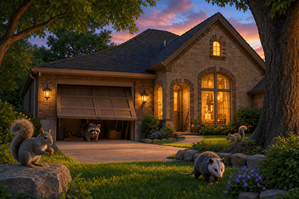 A cartoonish, 3D scene of a cozy suburban Azle, TX house at dusk, with warm glowing lights inside, surrounded by lush green trees. The garage door is slightly open, and a curious raccoon peers out while other animals such as a squirrel and an opossum are playfully exploring nearby. The animals appear harmless and cute. The mood is gentle and inviting, with rich colors and soft lighting, emphasizing a peaceful atmosphere. No humans, characters, or text are present.