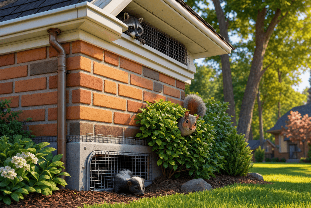 A cartoon and 3D-style image showing the corner of a cozy suburban house with brightly colored bricks, where playful yet realistic raccoons, squirrels, and a skunk are peeking out from under the eaves and bushes. Nearby, sturdy wire mesh and gentle barriers are being installed over entry points, blending harmoniously with the house. Lush green grass and tall trees surround the scene under a soft golden afternoon light, evoking a safe, peaceful, and proactive atmosphere. No characters, text, or humans in the image.