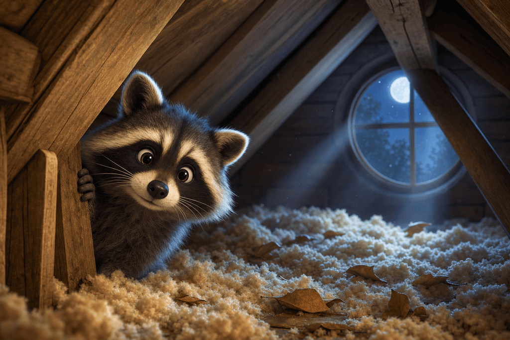 A cartoon, 3D-style image of a curious raccoon peeking out from a cozy wooden attic, gentle moonlight streaming through a window onto soft insulation and scattered leaves, with a subtle, calm and compassionate atmosphere; no characters, text, or humans in the scene.