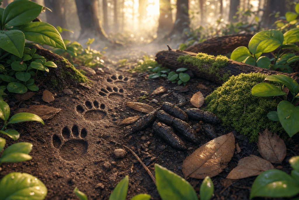 A cartoon and 3D style image showing a close-up forest floor at dawn, with raccoon tracks and distinct raccoon scat in the center, surrounded by vibrant green leaves, moss, and soft dappled sunlight. The scene feels slightly mysterious yet informative, with gentle mist adding a cautious atmosphere. No characters, text, or humans in the image.