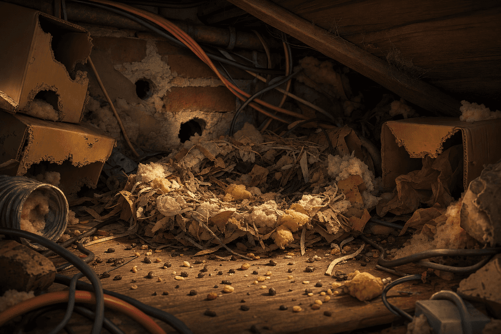 A cartoon, 3D-style close-up of a cluttered, dimly-lit attic corner, filled with tangled wires, chewed cardboard boxes, bits of insulation, and scattered food crumbs. In the center, a messy yet cozy-looking rat nest made from shredded paper and soft materials, surrounded by tiny gnawed holes and rat droppings. The atmosphere is slightly mysterious and eerie, with warm, muted lighting highlighting the hidden, secretive nature of the scene. No characters, text, or humans in the image.