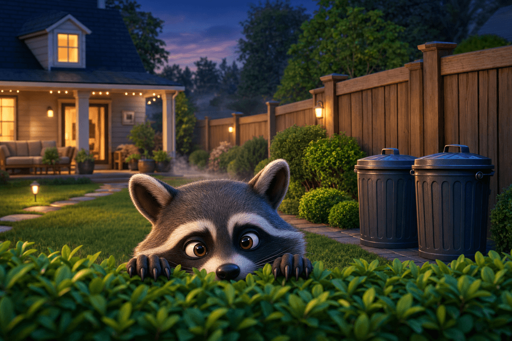 A vibrant, cartoon and 3D style image showing a clever raccoon peeking over the edge of a neatly kept backyard at dusk, with secure trash cans and a sturdy wooden fence in the background, soft warm lights glowing from a cozy house, lush green grass and a slight fog giving an atmosphere of calm vigilance—no characters, text, or humans in the image.