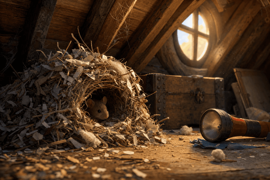 A cozy, detailed cartoon and 3D-style scene showing a small, realistic mouse nest made of shredded papers, twigs, and soft materials tucked in the corner of a dimly lit attic with exposed wooden beams. Scattered items like an old box and a flashlight nearby add context, with soft sunlight streaming through a dusty window, creating a warm yet mysterious atmosphere. No text, no characters, and no humans in the image.