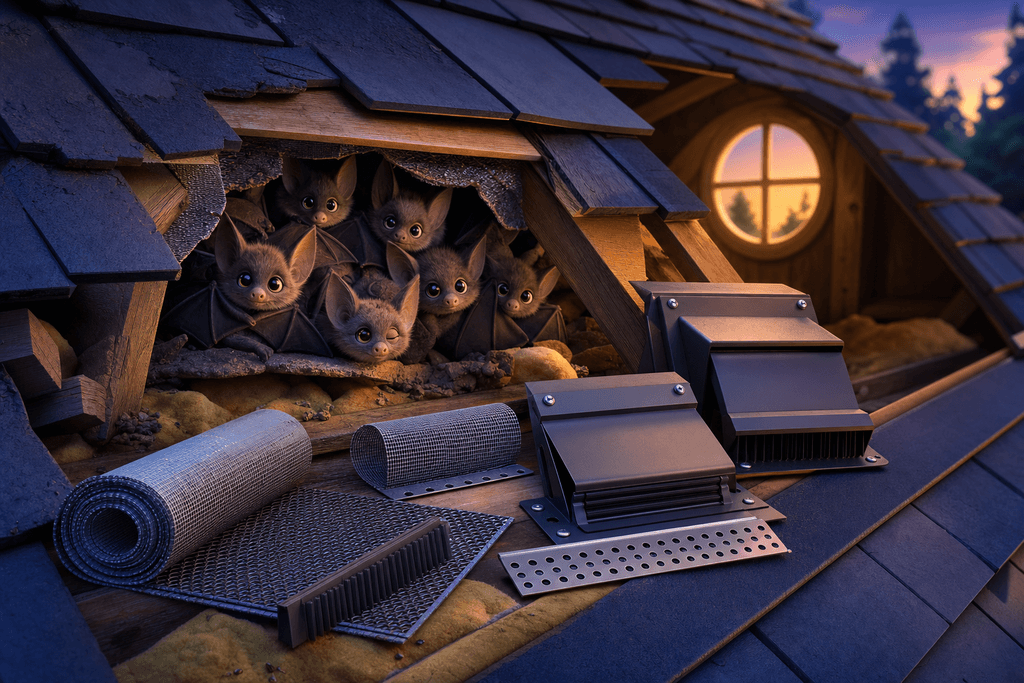 A cartoon, 3D-style attic scene at dusk, with a gentle warm glow coming through a small window, illustrating a house roof section partially open to reveal a cluster of small, cute bats nestled together. Visible next to them are various exclusion devices like mesh screens and one-way doors, all rendered in bright, exaggerated colors. The mood is calm and subtly tense, highlighting the interplay between the cozy bats and the clean, professional exclusion tools, emphasizing both the challenge and solution in a friendly, approachable way. No characters, humans, or text present.