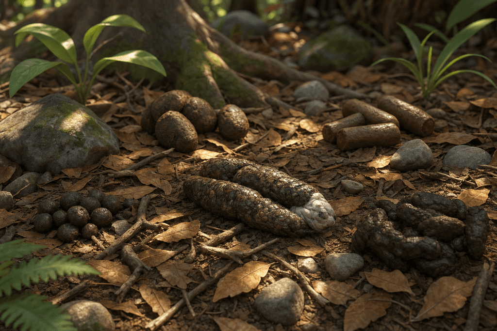 A cartoon-style 3D forest floor scene, showing a close-up of various animal droppings with a prominently placed, realistic-looking snake feces among dry leaves, twigs, and small stones; soft dappled sunlight filtering through overhead trees, casting gentle shadows and creating a curious, slightly mysterious atmosphere. No characters, text, or humans in the image.