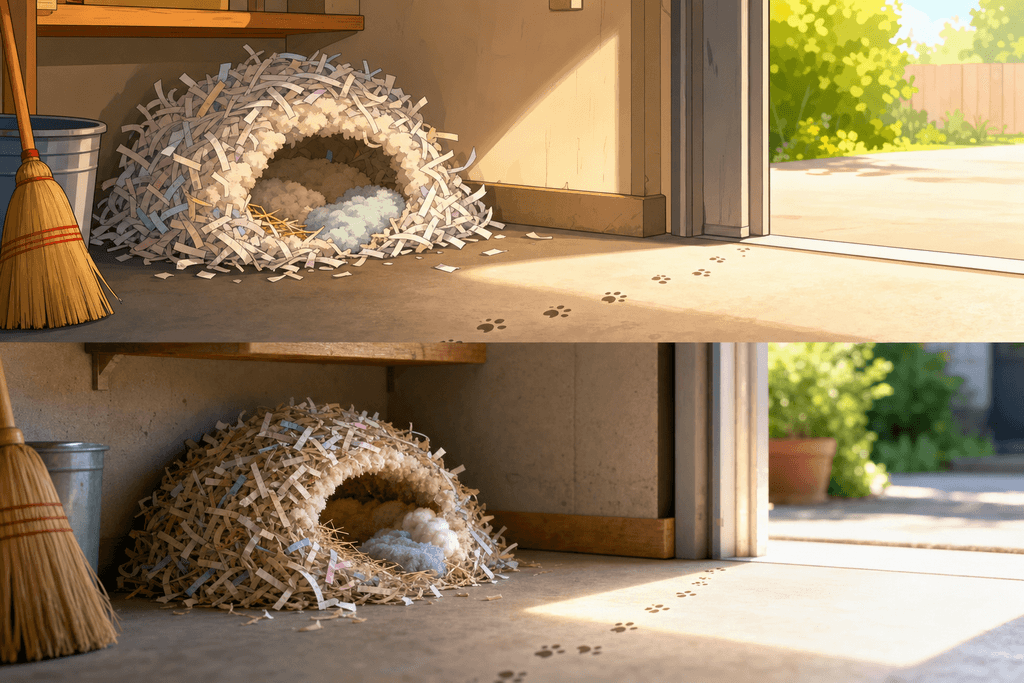 A cartoon and 3D image of a cozy mouse nest made of shredded paper and soft materials tucked in the corner of a garage, with a few tiny mouse footprints leading away, and bright sunlight streaming in from a nearby open door. The scene is clean and orderly, evoking a fresh, hopeful atmosphere of cleanliness and new beginnings. No characters, text, or humans are in the image.