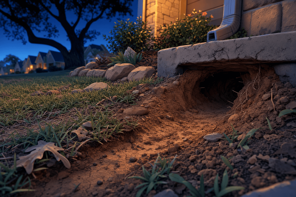 A cartoon and 3D-style close-to-the-ground scene of a North Texas suburban yard at blue-hour dusk, centered on a fresh armadillo burrow entrance dug beneath the edge of a concrete house foundation near a flower bed, with a crescent-shaped mound of loose reddish-brown soil, scattered turf chunks, exposed roots, and a narrow worn path leading into patchy bermuda grass. The camera is at an ultra-low macro-like angle, looking slightly upward across the lawn so the burrow feels prominent and dramatic, with the house wall and a downspout softly blurred in the background. Include dry Texas landscaping details like limestone edging, a few hardy shrubs, oak leaves, cracked earth patches, and subtle claw marks in the dirt. Use moody cool blue shadows mixed with warm amber porch light spill for a quiet, uneasy, mysterious atmosphere. Highly detailed textures, crisp depth, polished cartoon realism. No characters, text, or humans in the image.
