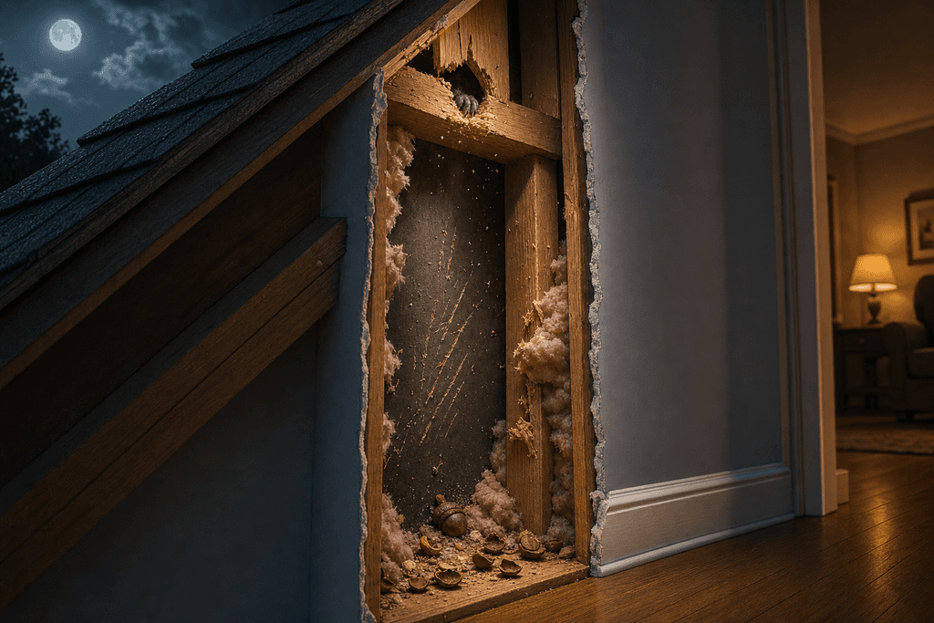 A cartoon and 3D-style interior wall cutaway scene viewed from a dramatic side cross-section angle, focusing on a narrow vertical wall cavity inside a suburban home where subtle signs of squirrel activity are visible: scratched wooden studs, light gnaw marks around a small entry gap near the roofline, a few scattered acorn shells, insulation slightly disturbed, and tiny dust particles drifting in the air as if recent movement just happened. At the base of the wall, a hardwood floor and white baseboard are visible in clean partial detail, while above, a sliver of moonlit roof structure hints at the hidden route. Use a moody nighttime atmosphere with cool blue-gray shadows, soft silvery moonlight, and a faint warm amber spill from an adjacent unseen room, creating tension and curiosity. Composition should be tall and vertical with the wall cavity centered, emphasizing hidden noises behind the walls. Highly detailed textures, cinematic lighting, crisp focus, no characters, no text, no humans.