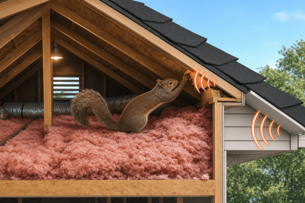 Squirrel near attic insulation with soundwave icons showing scratching noise
