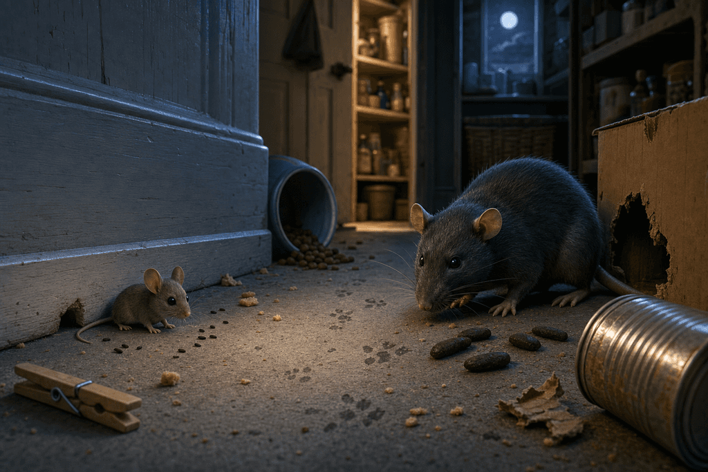 A cartoon and 3D-style split-comparison scene viewed from a low, close floor-level angle inside a dimly lit pantry or utility room at night, with one small mouse on the left beside tiny rice-sized droppings and a narrow gap under a baseboard, and one much larger rat on the right beside thicker capsule-shaped droppings and a gnawed cardboard box corner, both positioned naturally but clearly separated for easy visual comparison. Include scattered pantry crumbs, a tipped pet-food bowl, faint paw tracks in dust, and subtle size-reference objects like a wooden clothespin and a soup can to emphasize scale differences. Use dramatic cool moonlight mixed with a soft warm spill from a distant doorway, creating a curious, slightly tense, investigative atmosphere. Rich textures, crisp shadows, muted blue-gray and amber color palette, clean composition, eye-catching contrast, no characters, no text, no humans.