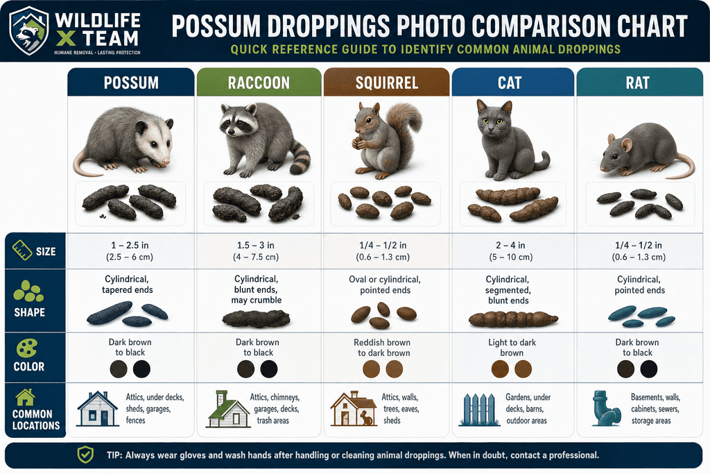 Four piles of animal droppings arranged side by side on wood for size comparison