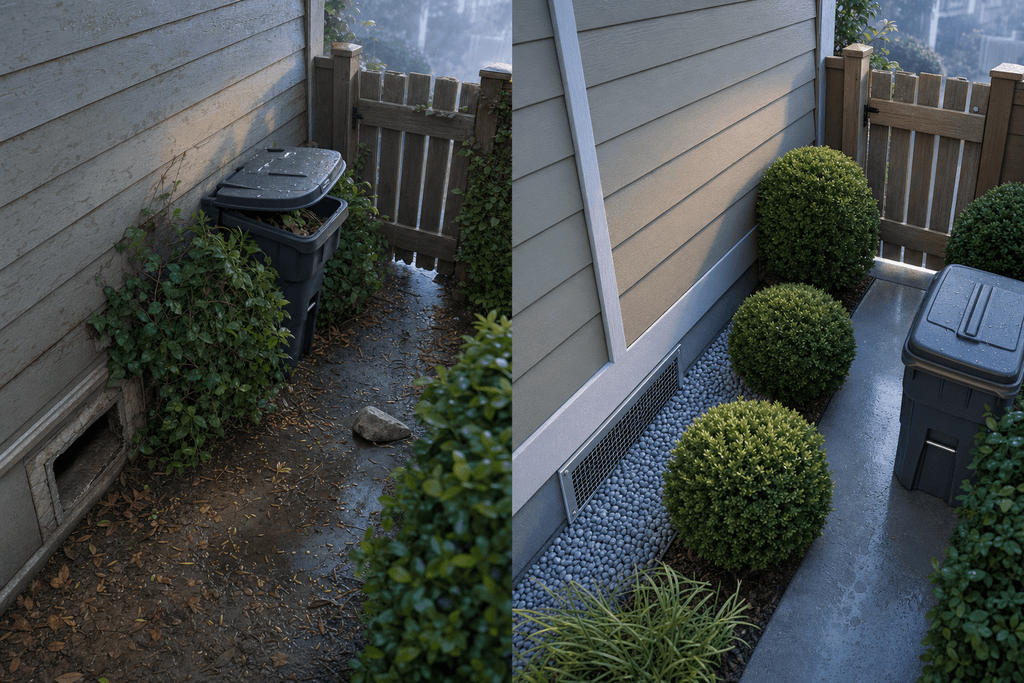 Cartoon and 3D style, an ultra-detailed split-scene comparison viewed from a dramatic isometric overhead angle above the side yard of a suburban home, with the image divided naturally by landscaping rather than graphic lines: on the left, a vulnerable section of house exterior with an open crawlspace vent, untrimmed shrubs touching the siding, a slightly ajar garbage bin, scattered seed, and a small gap beneath a fence gate; on the right, the same type of area professionally critter-proofed with gleaming steel mesh vent covers, neatly trimmed bushes, sealed foundation gaps, a tightly closed bin, and smooth gravel barriers along the wall. Make the prevention upgrades the clear central focus, with crisp material contrast between rough problem areas and tidy protected surfaces. Include detailed textures in siding, soil, mulch, mesh, leaves, and concrete. Set the scene in cool early morning light after a light rain, with soft mist, subtle reflections, and a fresh, calm, reassuring atmosphere. Use a refined color palette of moist slate blue, muted green, warm beige, and silvery gray. No characters, no animals, no humans, and no text.