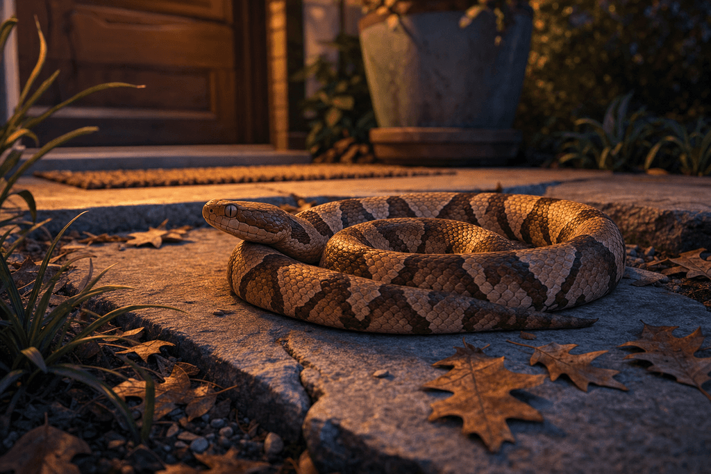 Cartoon and 3D style, an ultra-detailed close, low porch-level scene at warm late-evening dusk, centered on a single Texas copperhead coiled on a natural stone doorstep beside a suburban front entry, its hourglass-patterned copper-and-chestnut scales sharply defined and slightly glossy in the fading light. The camera is angled from the side at ground level, with the snake as the unmistakable focal point and the house door, welcome mat edge, and potted plant base softly blurred in the background. Surround the step with dry oak leaves, a few tufts of ornamental grass, and small cracks between the flagstones to suggest a realistic Texas residential setting. Use moody amber porch light mixed with cool blue twilight shadows to create a tense, cautious, quietly alarming atmosphere. No characters, text, or humans in the image.