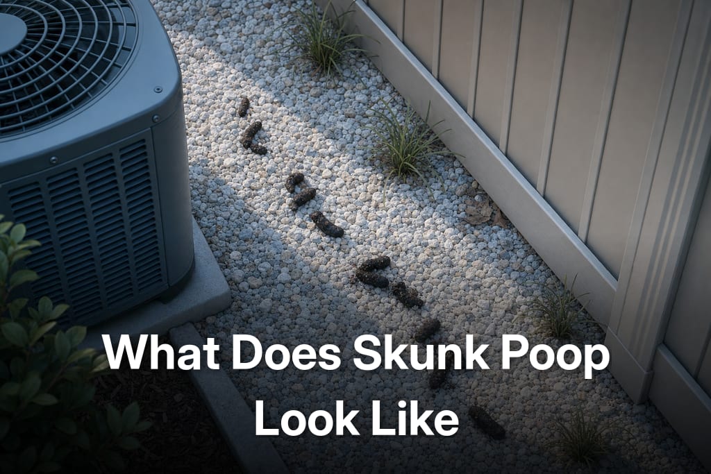 Top-down suburban side-yard with fresh droppings on gravel, what does skunk poop look like