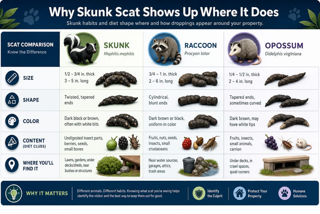 Comparison table showing skunk habits, diet, and what does skunk poop look like around homes