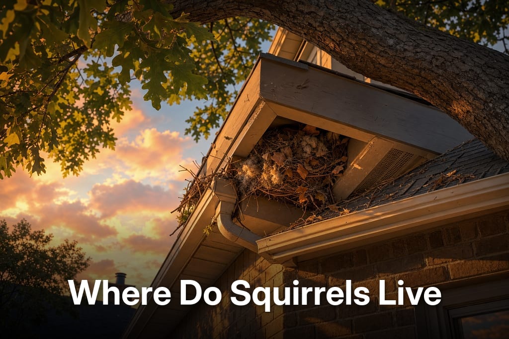 Cozy squirrel nest tucked under eaves by live oak branch, answering where do squirrels live