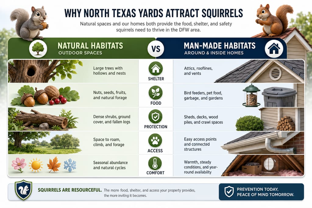 Comparison table showing North Texas yard features and where do squirrels live