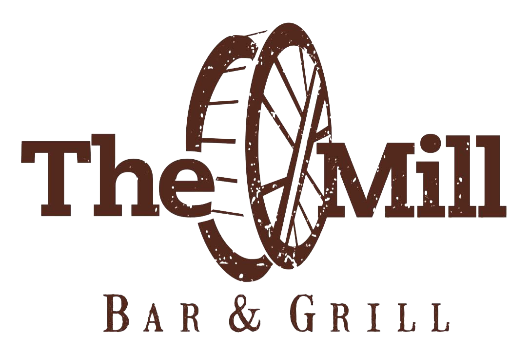 Logo for The Mill Bar & Grill featuring the text with an old-fashioned mill wheel integrated between the words The and Mill.