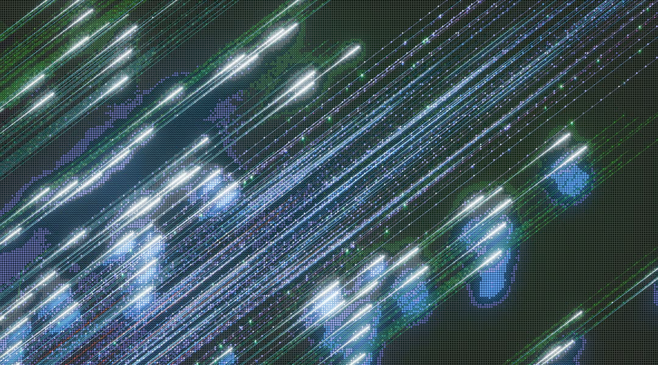 Digital abstract art with glowing blue and green lines and pixelated clusters on a dark background.