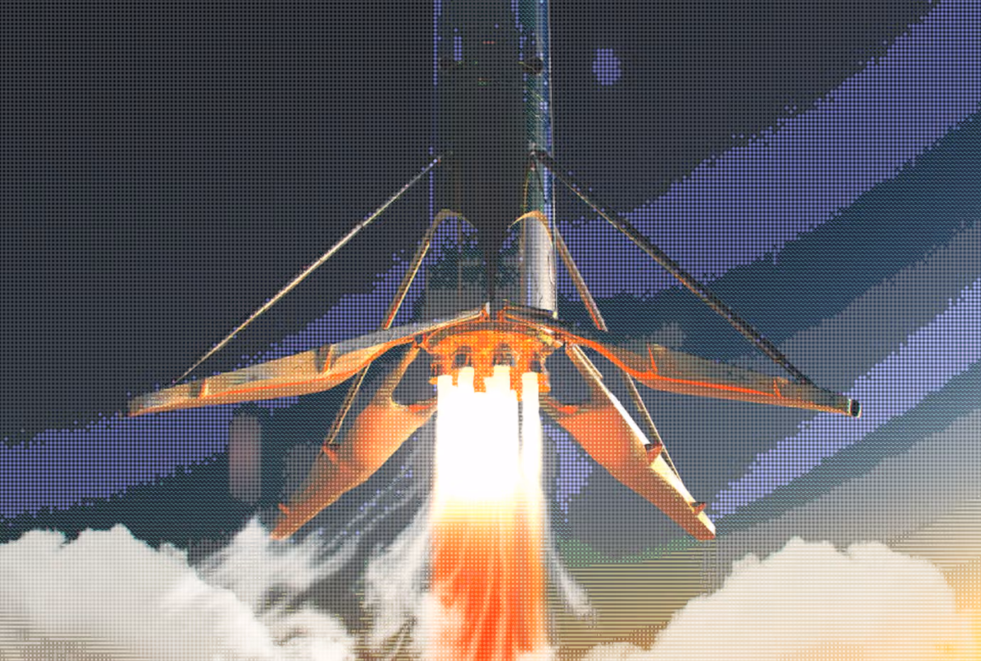 Rocket booster with wings landing vertically with fire and smoke below against dark sky.