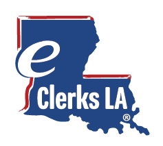 Blue silhouette of Louisiana with a white lowercase 'e' and text 'Clerks LA' inside.