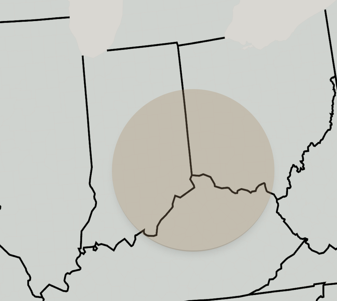 Map showing border area of Indiana, Ohio, and Kentucky with a shaded circular region.