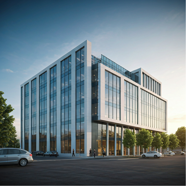 Modern glass and white panel commercial building with cars and trees at sunset.