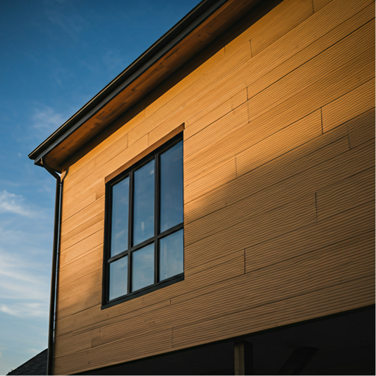 Modern house exterior with a large black-framed window and wood siding under blue sky.
