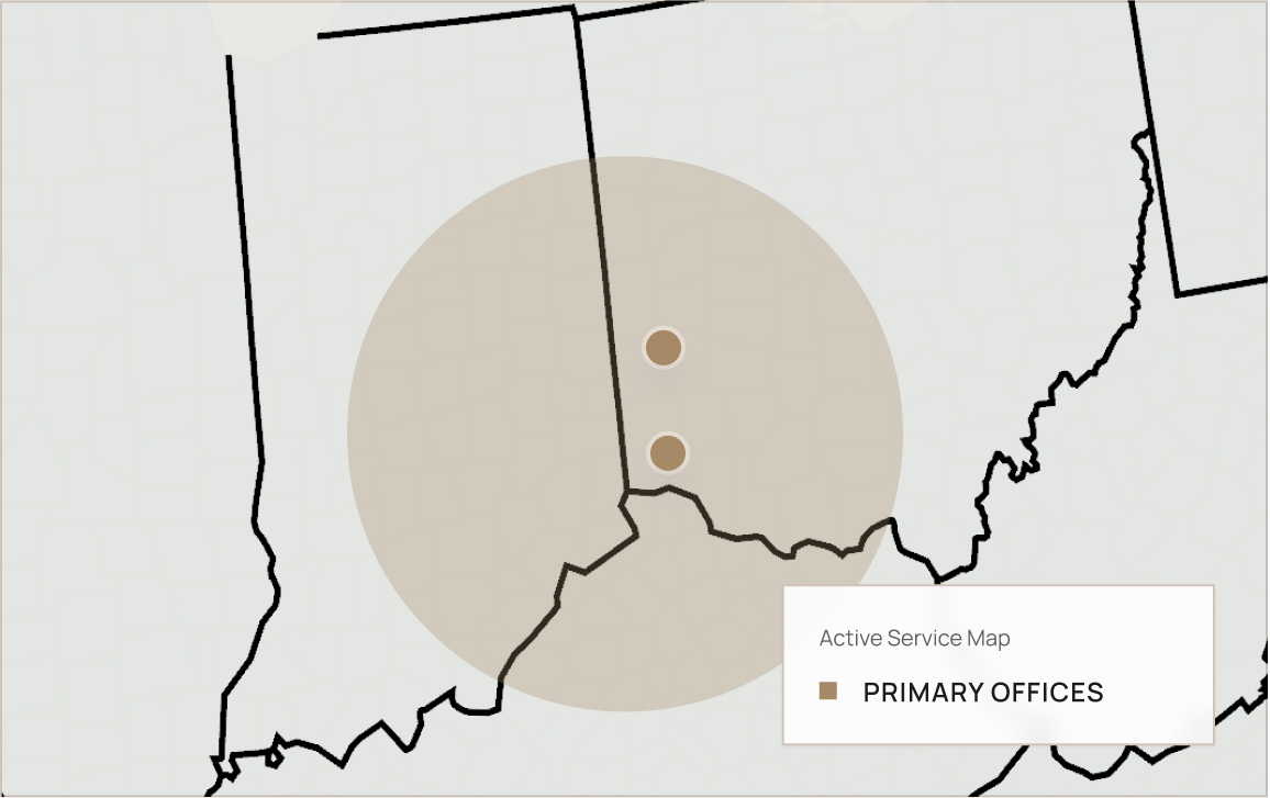 Map showing Liberty Insulation’s regional office locations in Huber Heights and Milford, Ohio