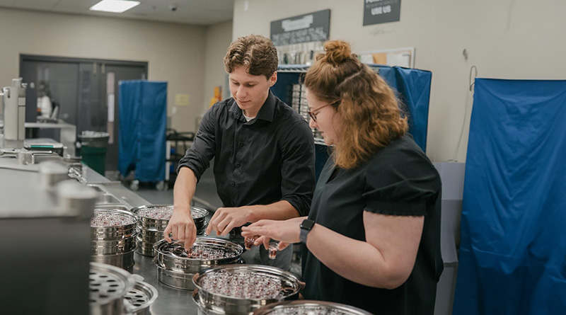 Two people sorting small colorful objects in metal trays in a laboratory or workshop.