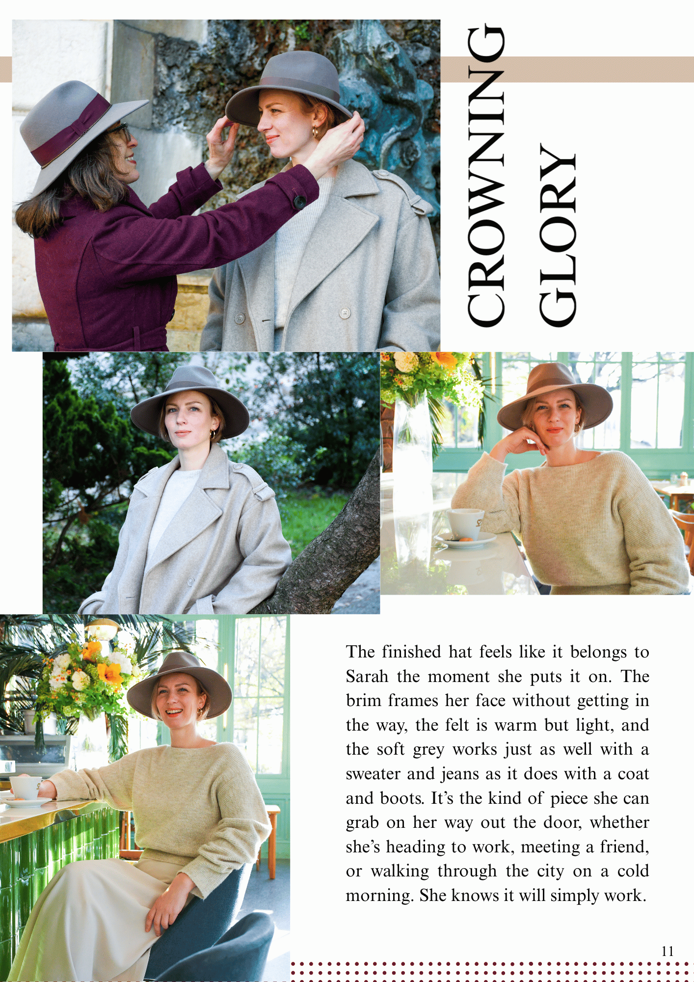 Collage of a woman named Sarah wearing a grey felt hat styled with a coat outdoors and a sweater indoors at a cafe.