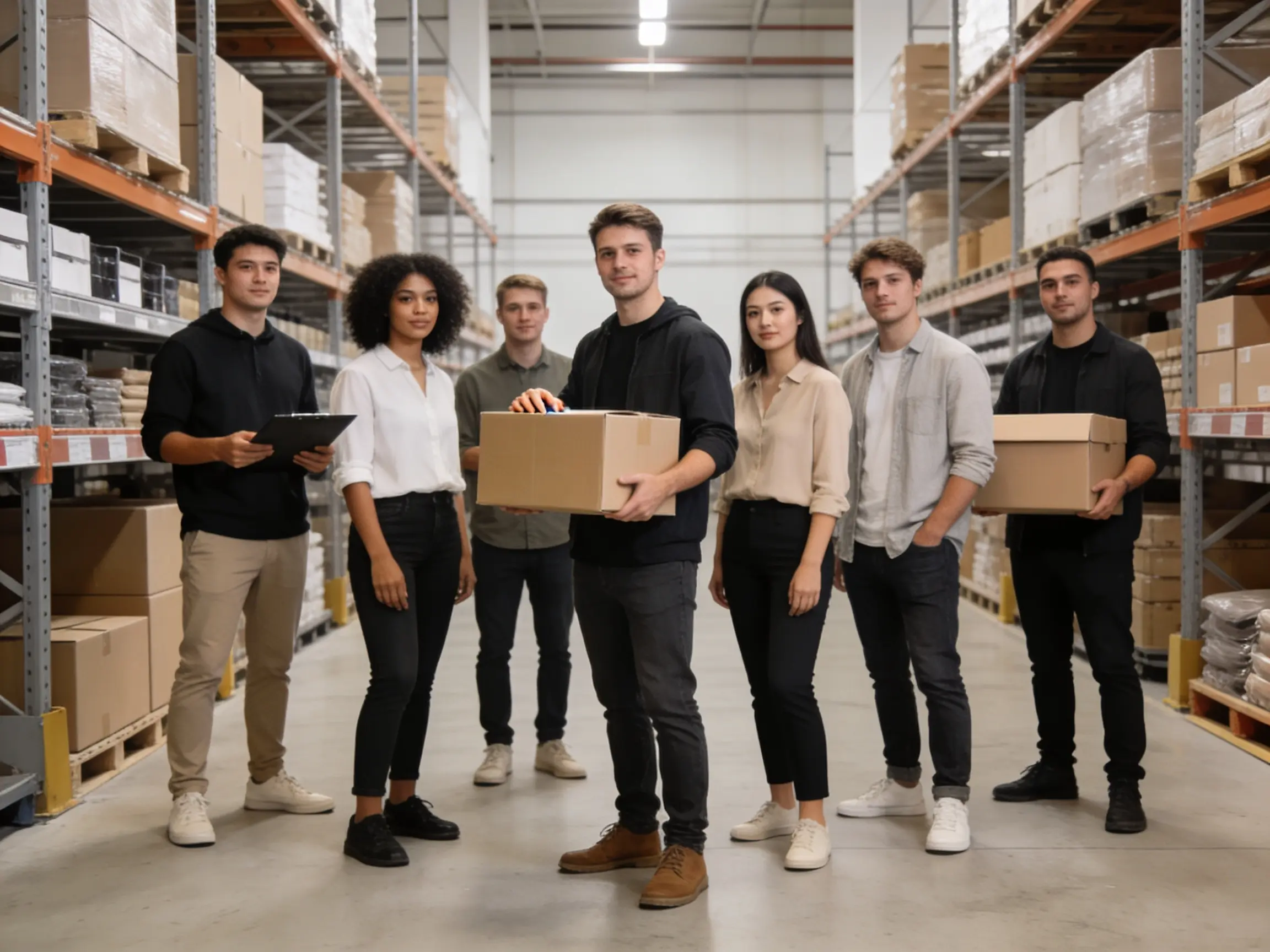 Kemel Distribution warehouse team standing in a fulfillment centre among tall shelving racks