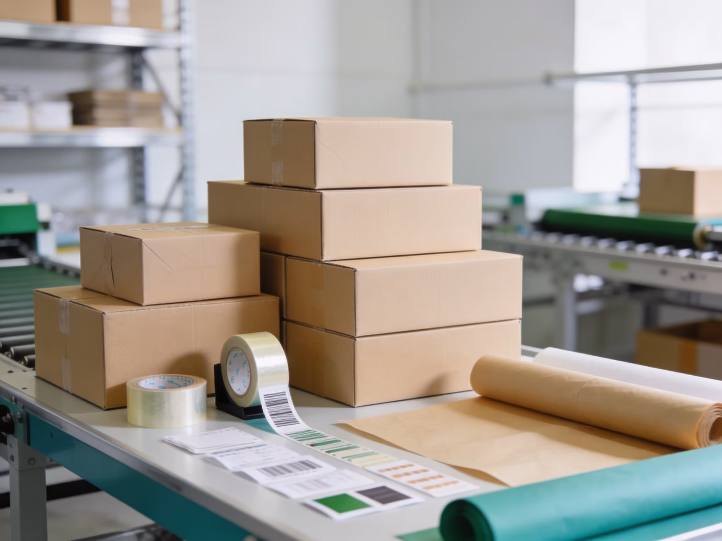 Stacked cardboard shipping boxes on a fulfillment warehouse conveyor belt with packing tape and shipping labels