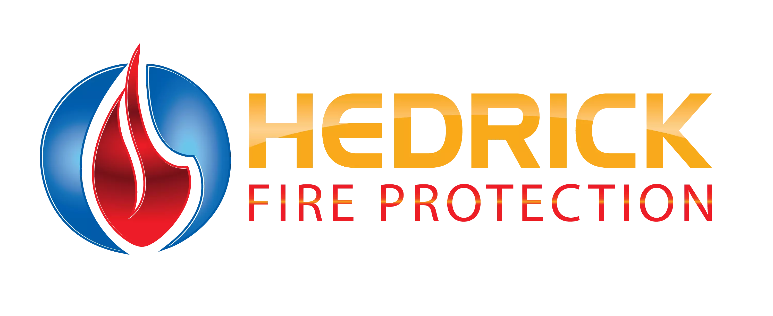 Red flame inside blue circle with text 'HEDRICK FIRE PROTECTION' in orange and red letters.