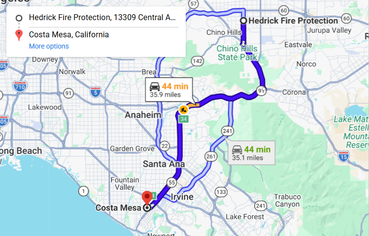 Map of fire protection service area in Costa Mesa